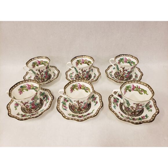 Coalport Indian Tree Multicolor Scalloped Edge Flat Cup and Saucer Set of 6